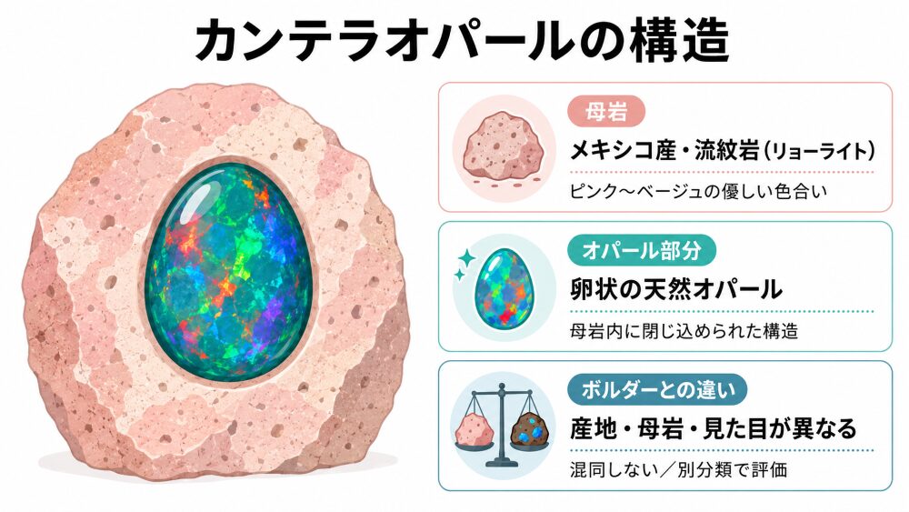 カンテラオパールの構造を示すインフォグラフィック。流紋岩(リョーライト)母岩・卵状オパール・メキシコ産・ボルダーとの違いを視覚化。