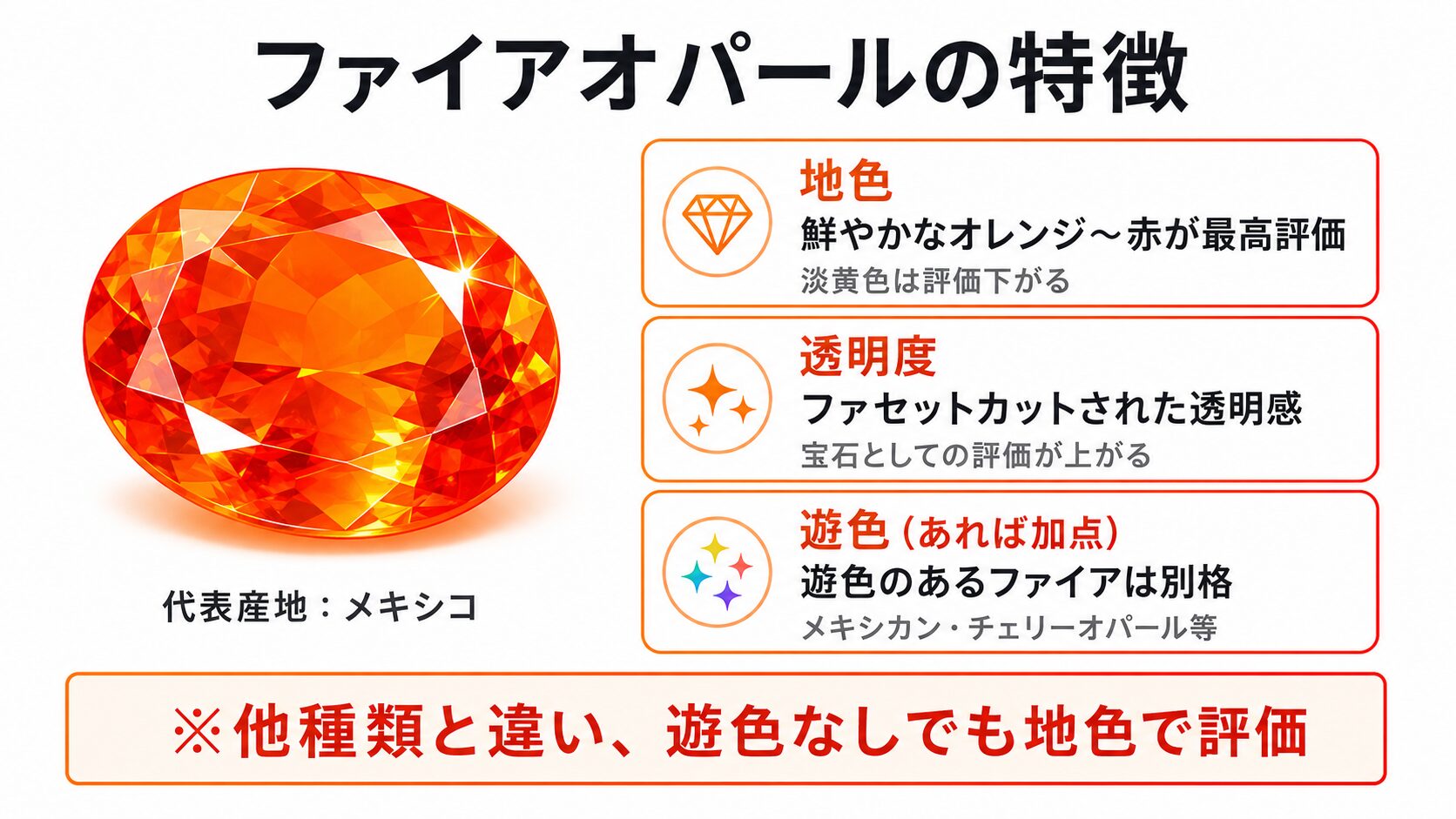 ファイアオパールの特徴を示すインフォグラフィック。オレンジ〜赤の地色・メキシコ産・透明度・遊色なしでも評価される構造を視覚化。
