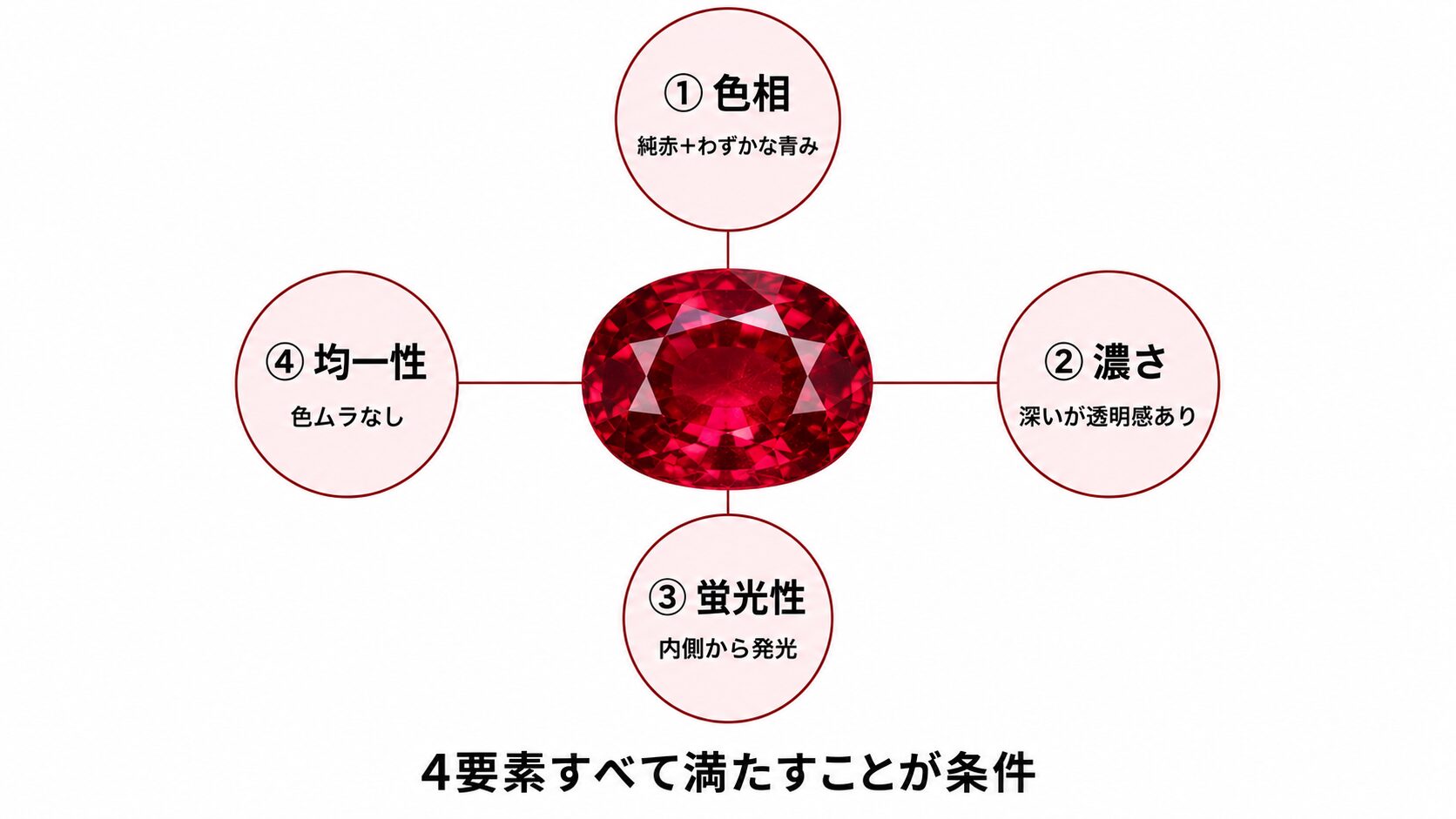 ピジョンブラッドルビーの判定基準4要素(色相・濃さ・蛍光性・均一性)を円形配置で示す図解。