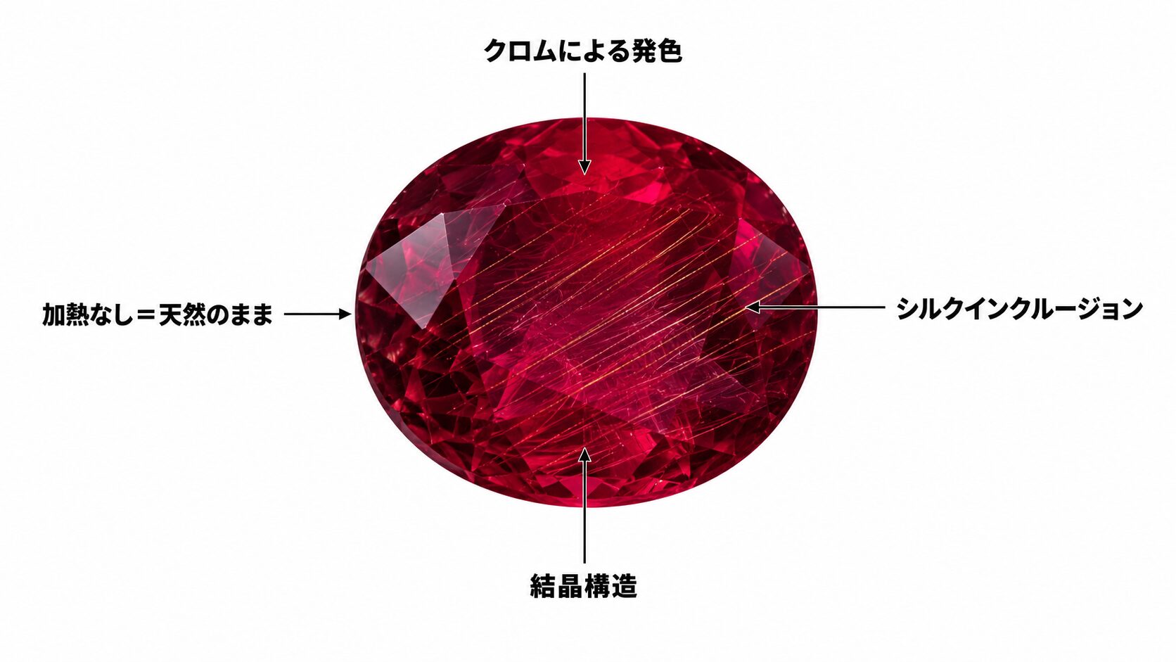 非加熱ルビーの定義と、内包物(シルクインクルージョン等)が保持される天然状態を示す図解。