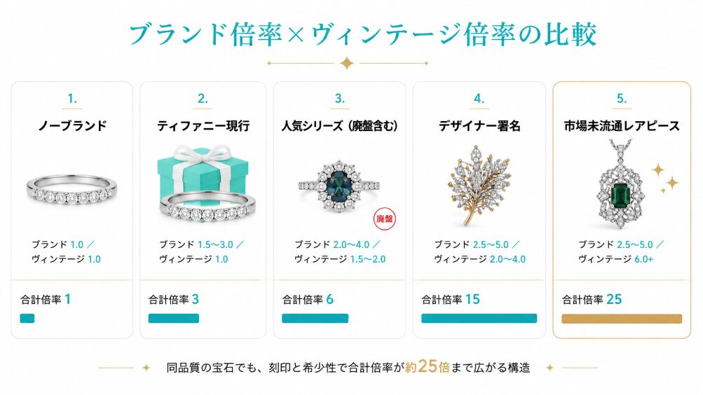 ティファニーカラーストーンジュエリーのブランド倍率とヴィンテージ倍率を比較した棒グラフ。ノーブランド1.0から市場未流通6.0倍以上までの段階を可視化。