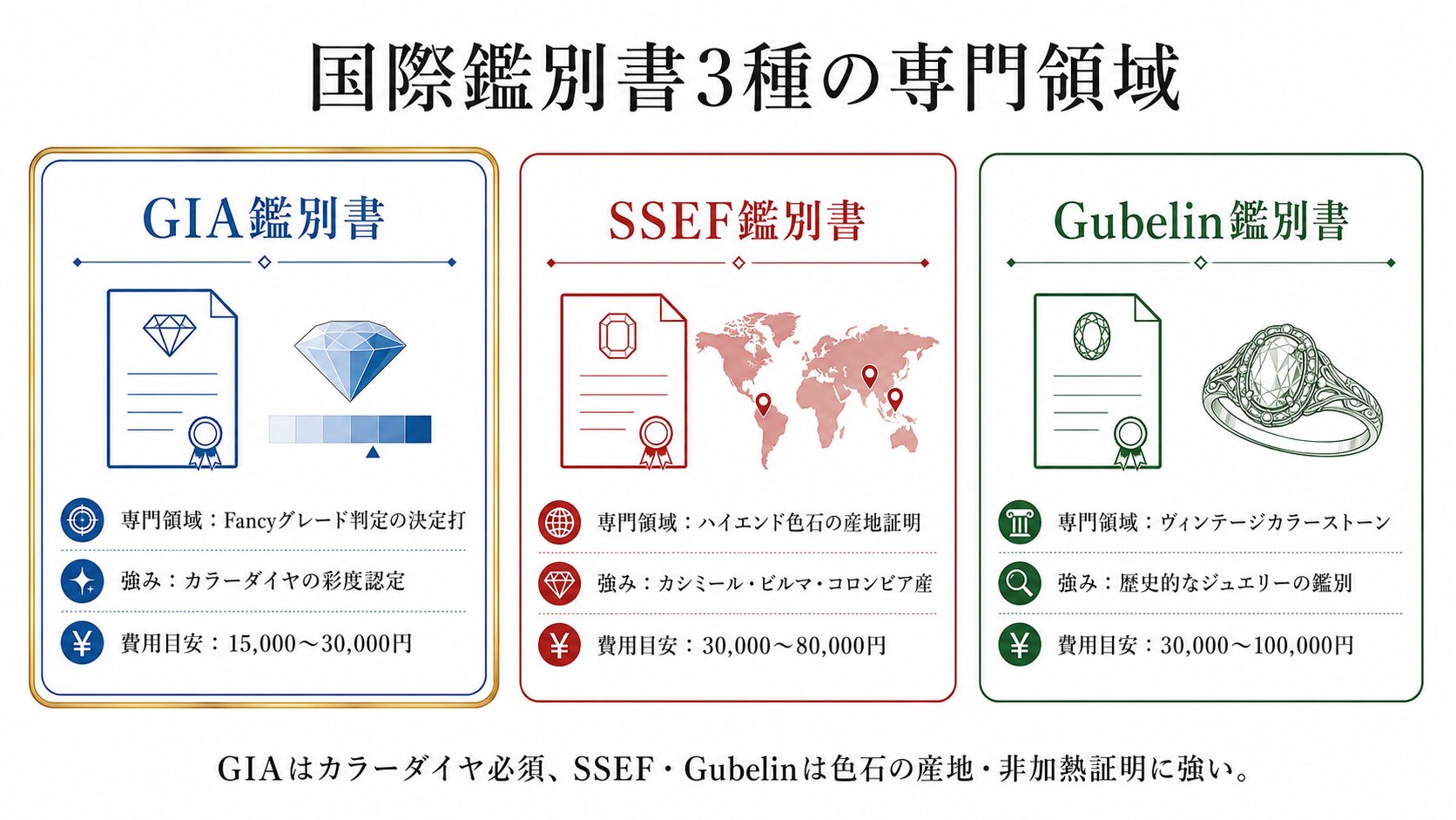 国際鑑別書(GIA・SSEF・Gubelin)の役割比較図。Fancyグレード判定・産地証明・非加熱証明の3つの専門領域を視覚化。