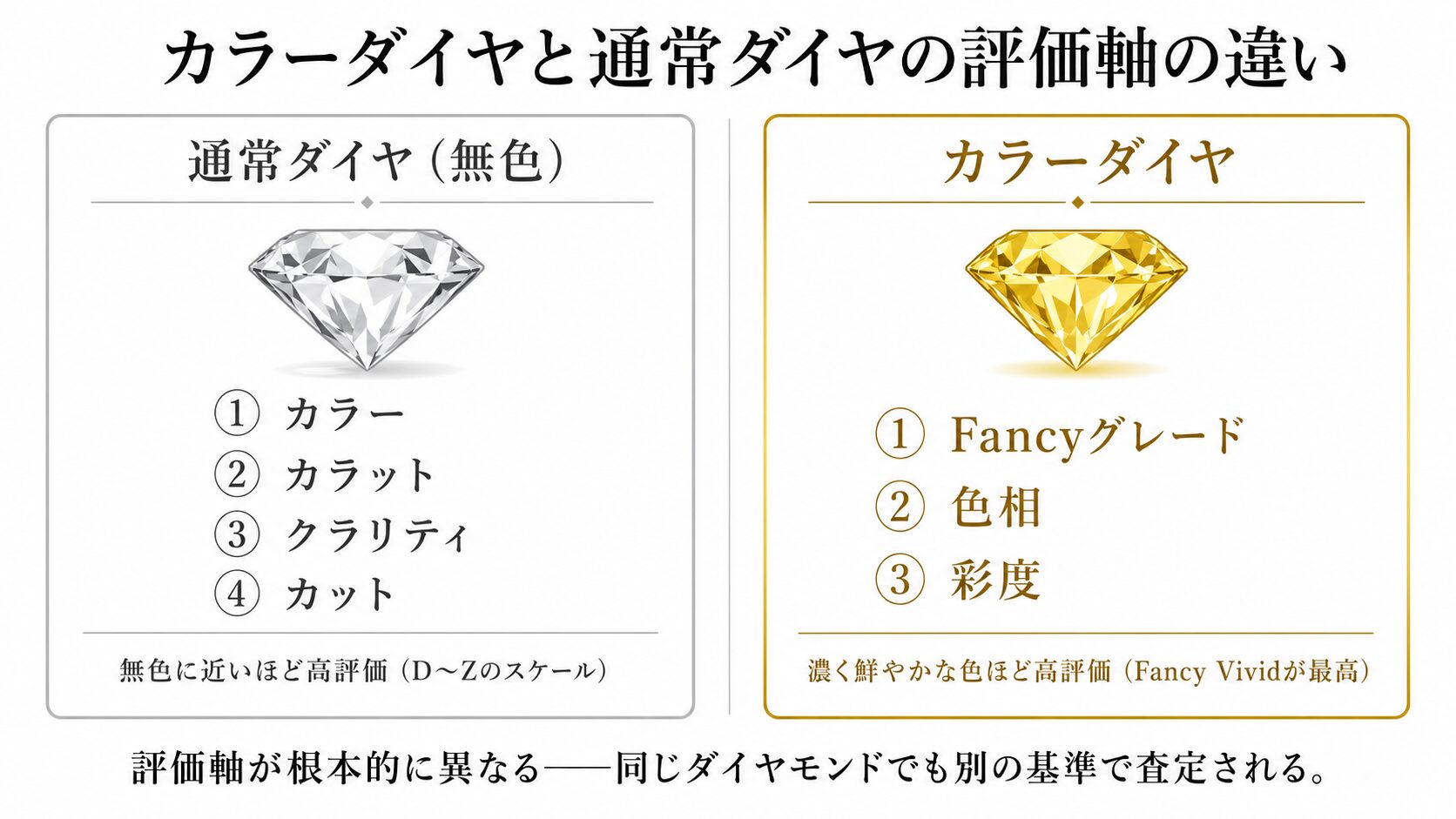 ティファニーのカラーダイヤモンドと通常のダイヤモンドの評価軸の違いを示す構造図。通常ダイヤの4C(カラー・カラット・クラリティ・カット)と、カラーダイヤのFancyグレード・色相・彩度の違いを視覚化。