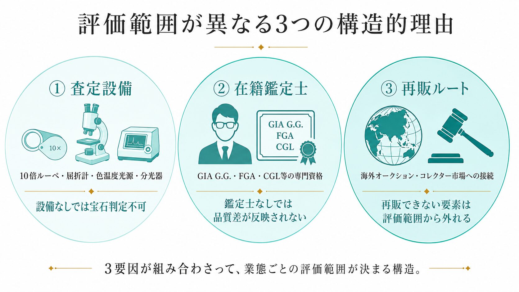 業態によって評価範囲が異なる3つの構造的理由(査定設備・在籍鑑定士・再販ルート)を示す図。それぞれが査定範囲を規定する仕組みを視覚化。