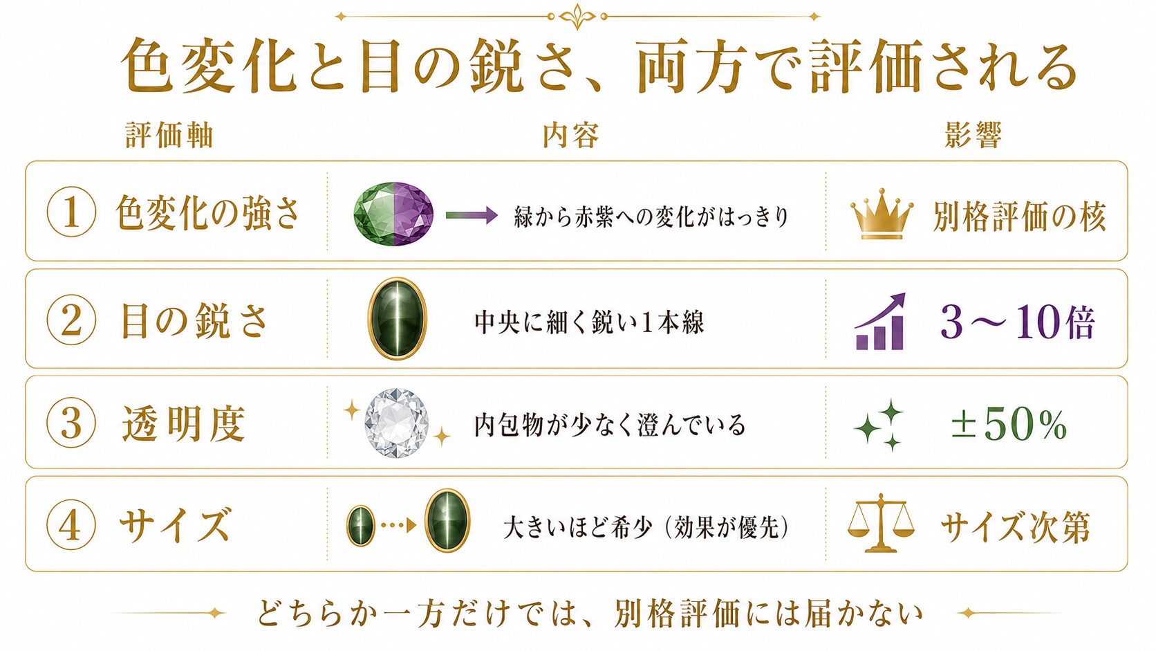 アレキサンドライトキャッツアイの評価条件（色変化の強さ・目の鋭さ・透明度・サイズ）とそれぞれの評価への影響を示したインフォグラフィック。