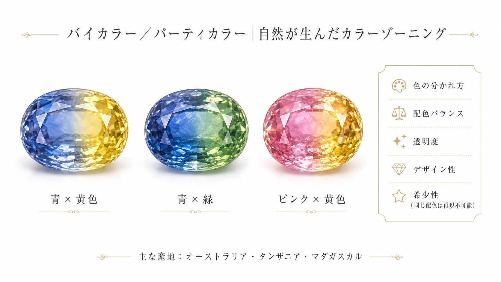 バイカラーサファイア・パーティカラーサファイアの2色以上が混在する色分布（カラーゾーニング）の例を示す画像。