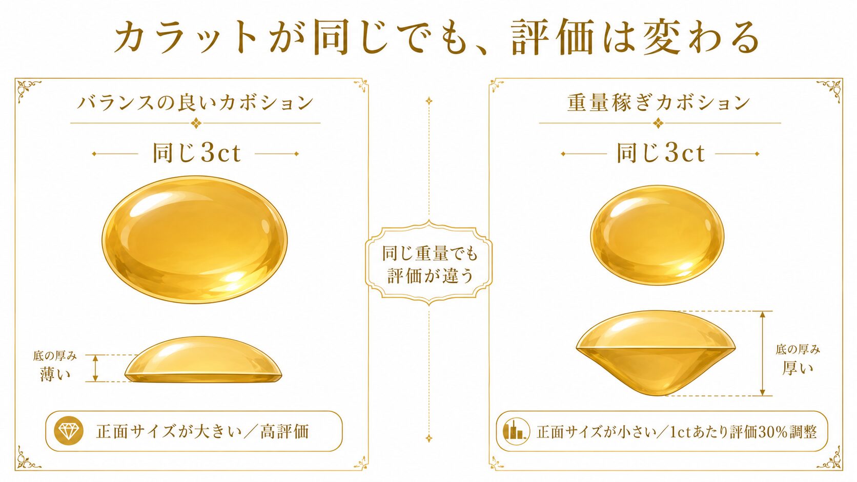 バランスの良いカボションと底肉が厚すぎる重量稼ぎカボションを並べ、同じカラットでも1ctあたり評価が30%ほど変わることを示した比較図。