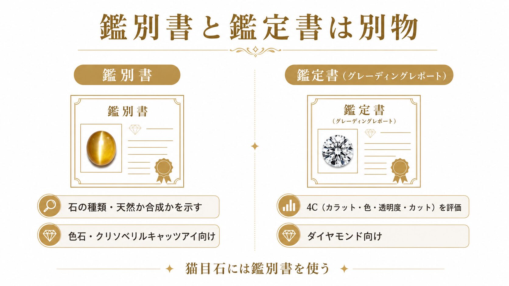 鑑別書（石の種類・天然か合成かを示す）と鑑定書（ダイヤモンドの4Cを評価する）の違いを並べて比較した図。