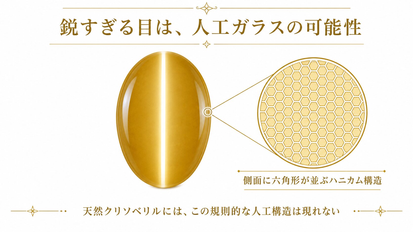人工キャッツアイガラスを10倍ルーペで側面から見たときに現れるハニカム構造・繊維状構造を拡大して示した判別図。