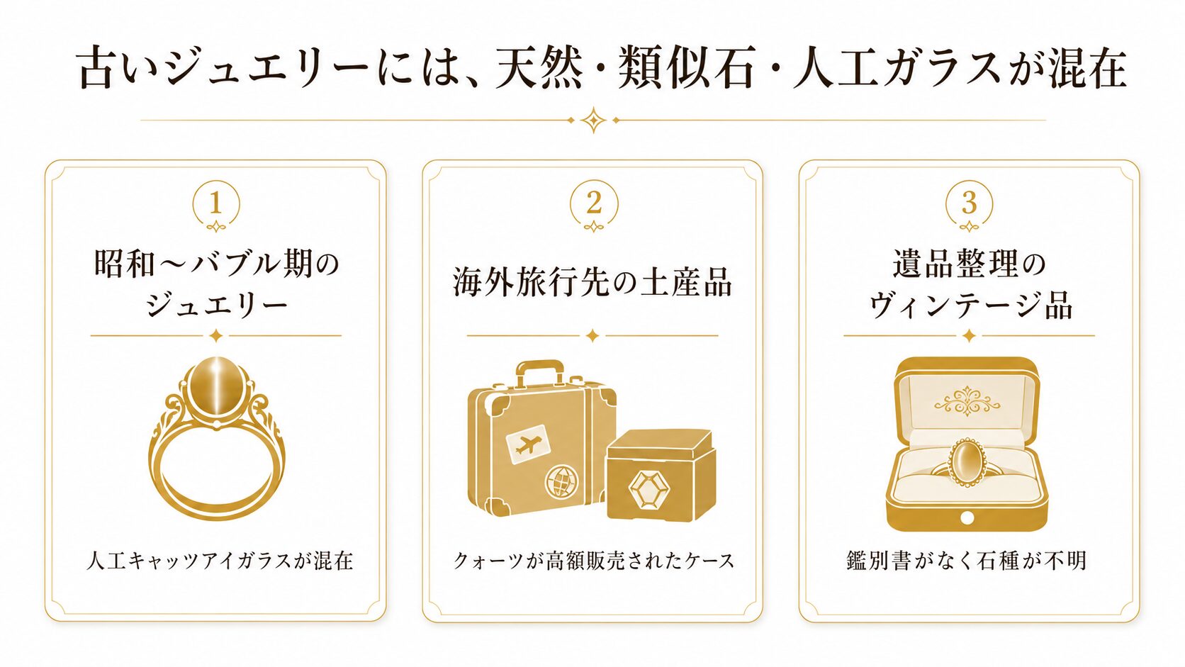 古い猫目石ジュエリーに天然・類似石・人工ガラスが混在する3つのケース(昭和バブル期・海外土産・遺品整理)を示した図。