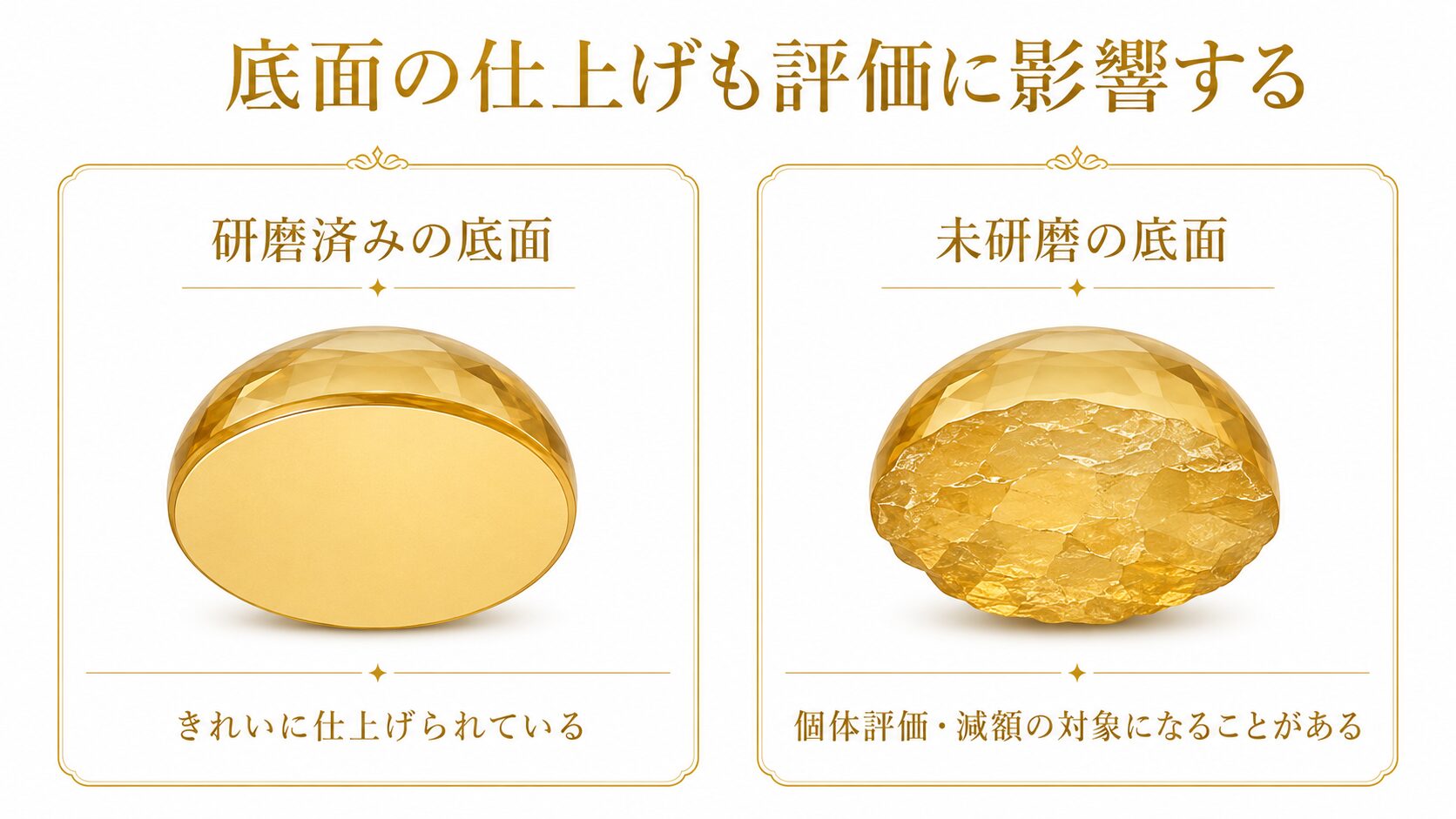 クリソベリルキャッツアイの底面が研磨済みのものと未研磨で原石状にボコボコしたものを比較し、評価への影響を示した図。