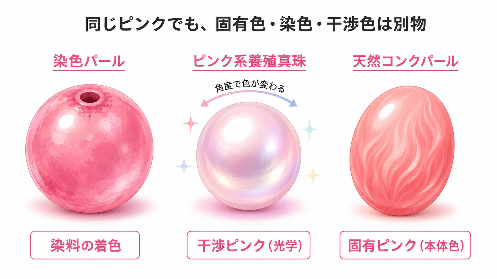 天然コンクパールの固有ピンクと、染色パール・ピンク系養殖真珠の干渉ピンクを比較した画像。