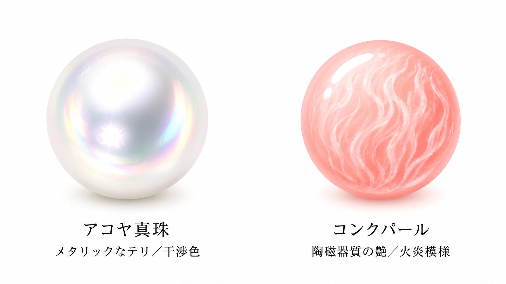 アコヤ真珠のメタリックなテリと、コンクパールの陶磁器質の滑らかな艶を並べた輝き比較画像。