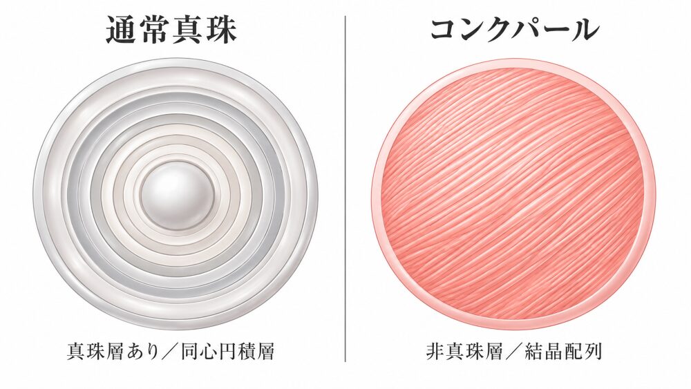 通常真珠の真珠層（同心円状の積層）とコンクパールの非真珠層（アラゴナイト結晶配列）を比較した断面構造図。