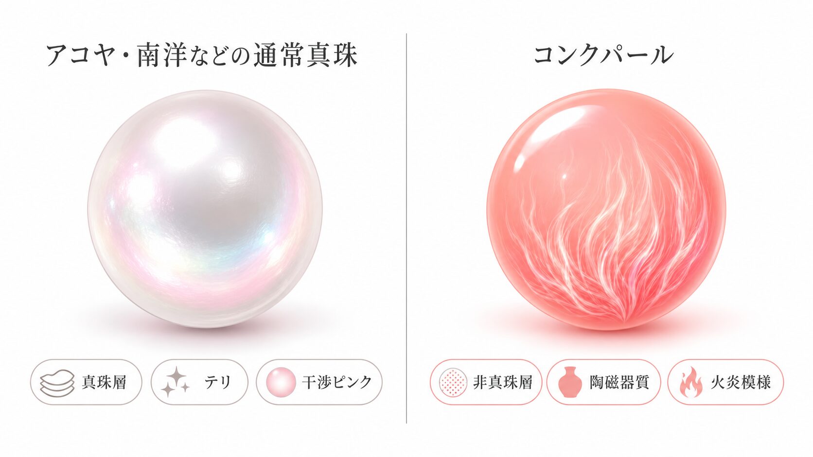 アコヤ真珠のメタリックなテリと、コンクパールの陶磁器質の艶＋火炎模様を並べた比較画像。