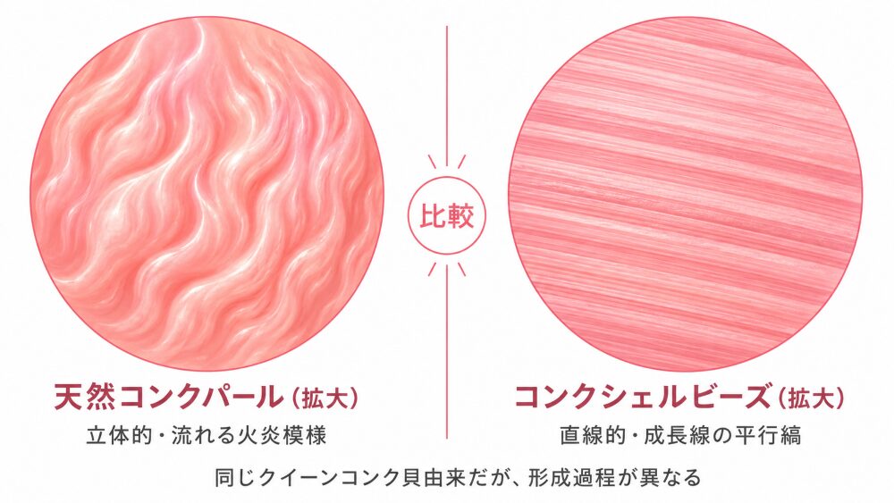 天然コンクパールの立体的な火炎模様と、コンクシェルビーズの直線的な平行縞（成長線）の表面拡大比較。