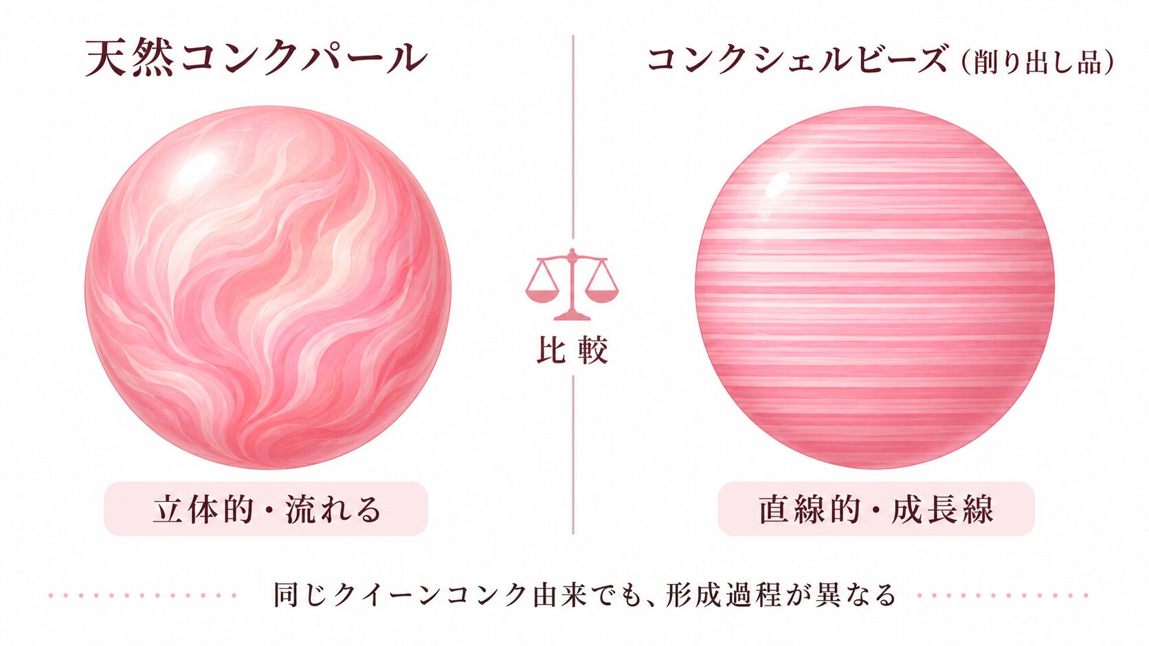 天然コンクパールの立体的な火炎模様と、コンクシェルビーズの直線的な平行縞模様を並べた比較画像。