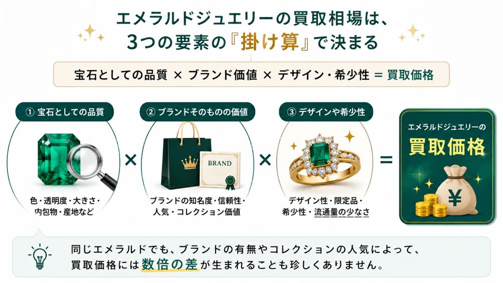 ブランドエメラルドの買取相場を左右する3つの要素の図解画像