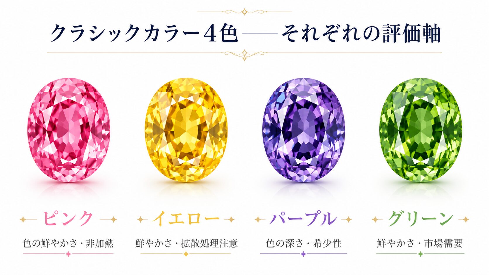 カラーサファイアのクラシック4色（ピンク・イエロー・パープル・グリーン）を比較した画像。それぞれの色の特徴と評価軸を視覚化。