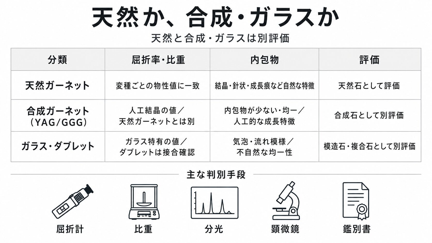 天然ガーネットと合成・ガラス・複合石の判別ポイントを整理したマトリクス図。屈折率・比重・内包物による見分けを提示。