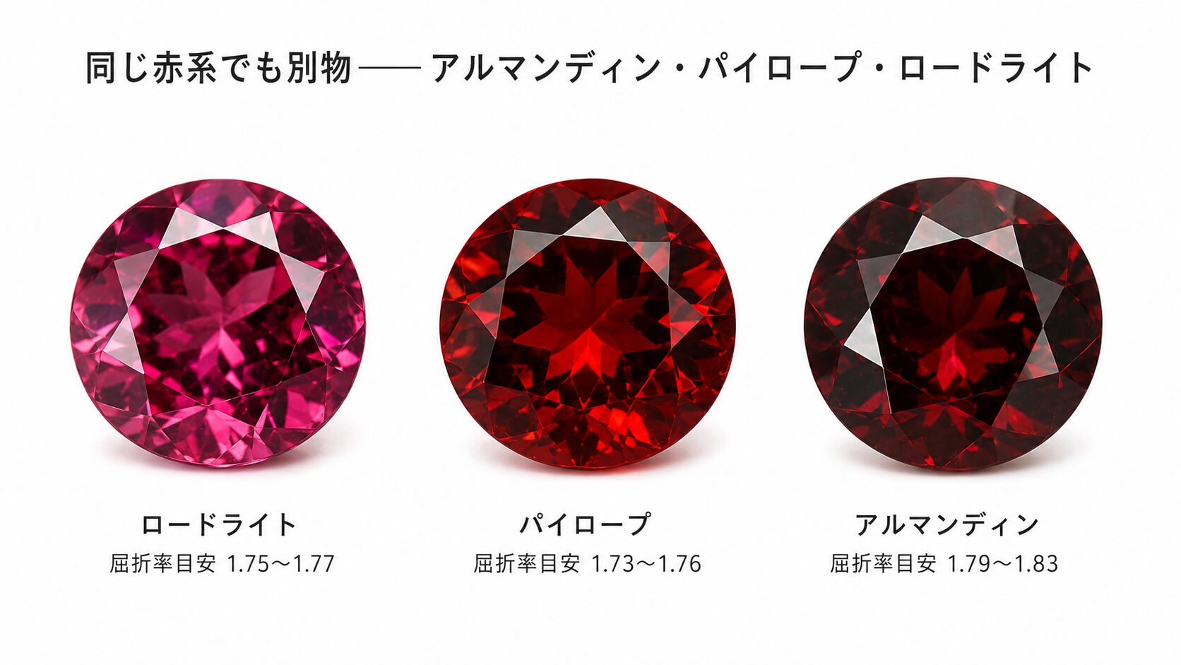 赤系ガーネット3種の色比較。アルマンディンの暗赤、パイロープの深赤、ロードライトの赤紫を並べて提示。