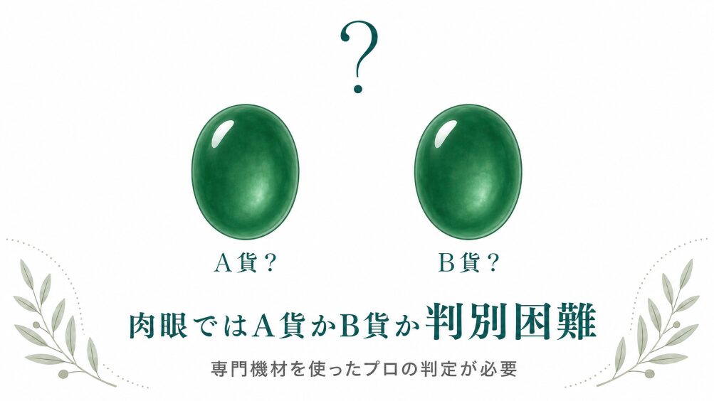 翡翠のB貨とA貨の判別が難しいことを示したイメージ画像