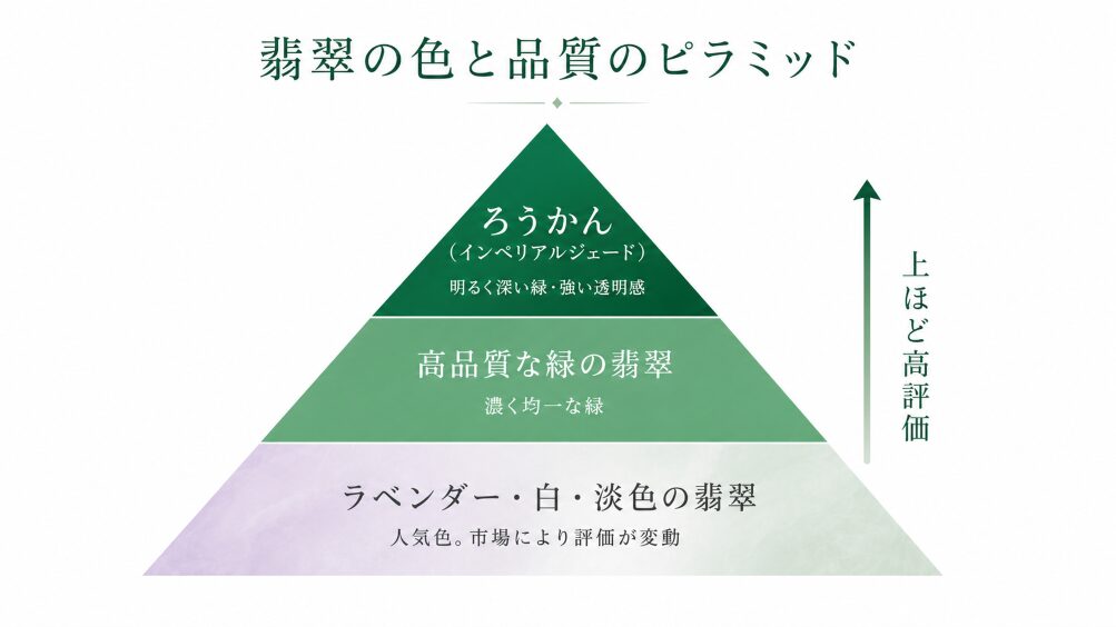 翡翠の色・種類による価値の違いをピラミッドで図解したイメージ画像