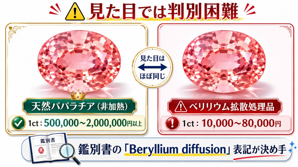 天然パパラチアサファイアとベリリウム拡散処理品の見た目の類似性と、鑑別書による判別の必要性を示す比較画像。