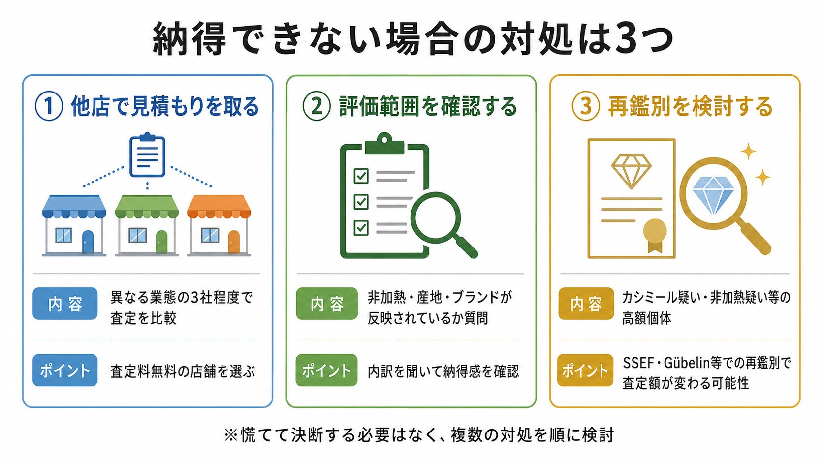 サファイア査定額に納得できない場合の3つの対処（他店比較・評価範囲確認・再鑑別取得）を示す構造図。