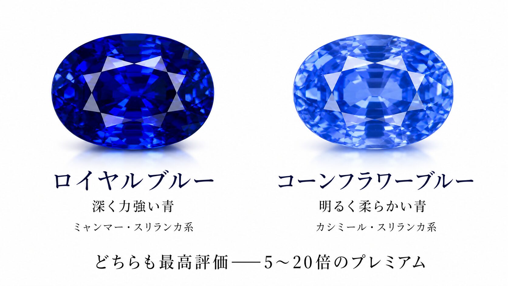 ロイヤルブルーとコーンフラワーブルーの比較画像。深く鮮やかな青と、矢車菊のような柔らかく鮮やかな青の違いを示す。