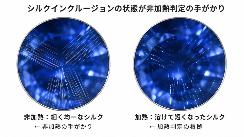 サファイア内部のシルクインクルージョン(針状ルチル)の顕微鏡画像。非加熱では細く均一に残り、加熱では溶けて短くなる比較を示す。