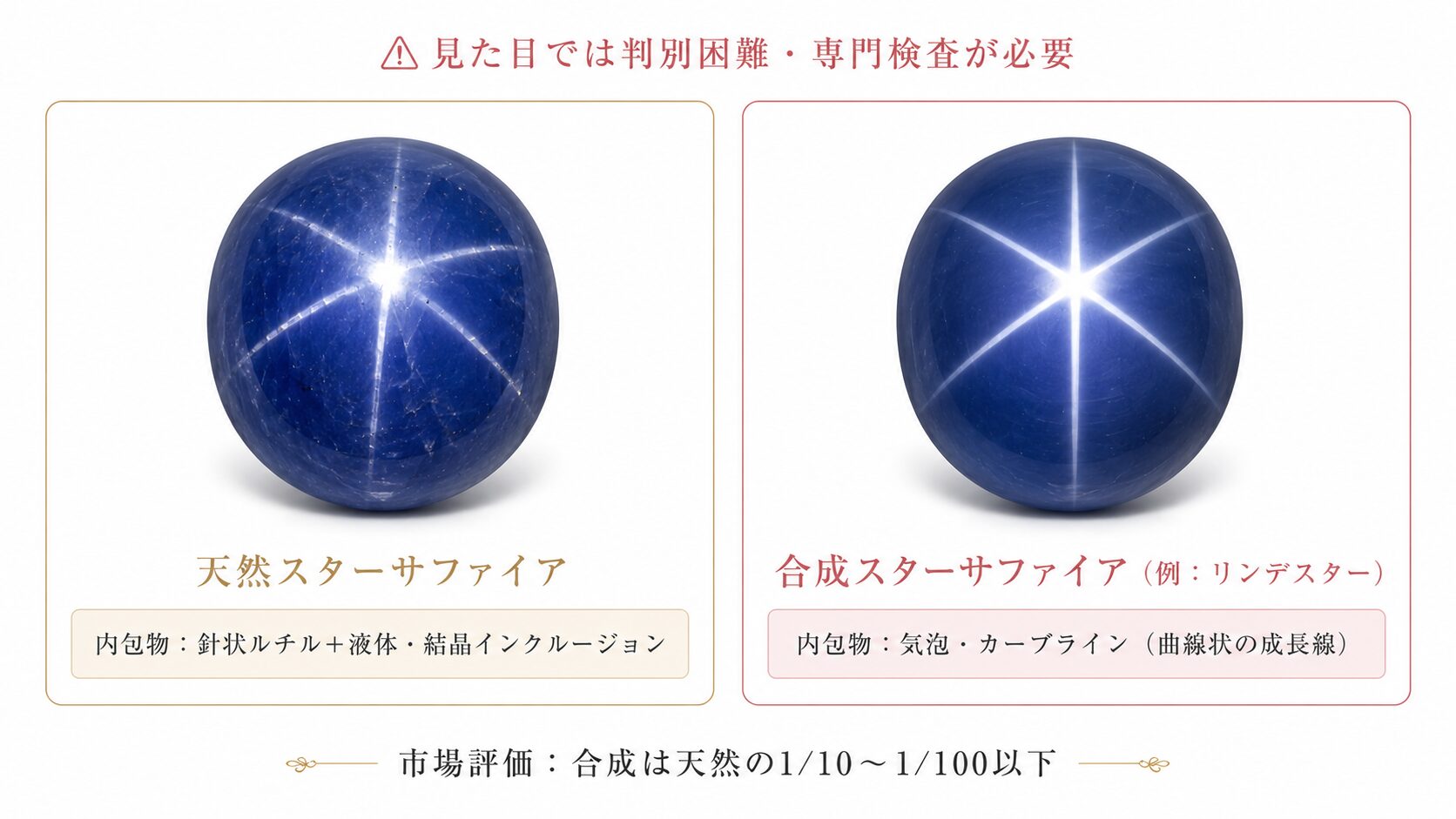 天然スターサファイアと合成スターサファイア（リンデスター等）の見た目の違いと判別ポイントを示す比較画像。