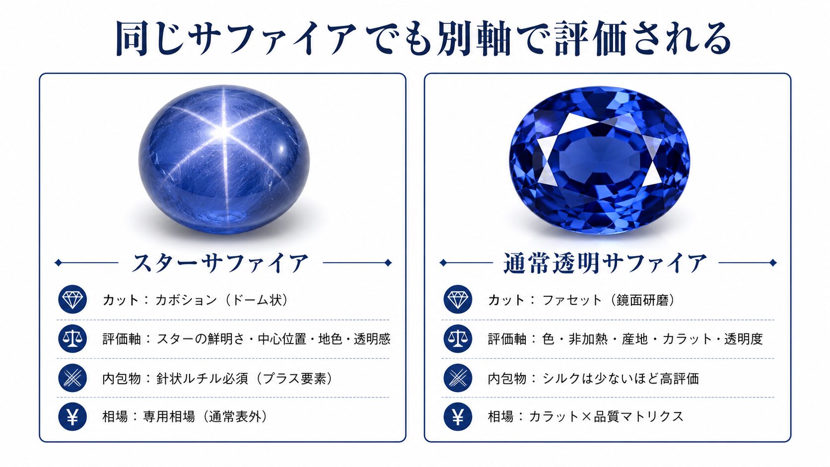 スターサファイア（カボション・スター効果あり）と通常の透明サファイア（ファセットカット・透明）の評価軸の違いを並列で示す比較画像。