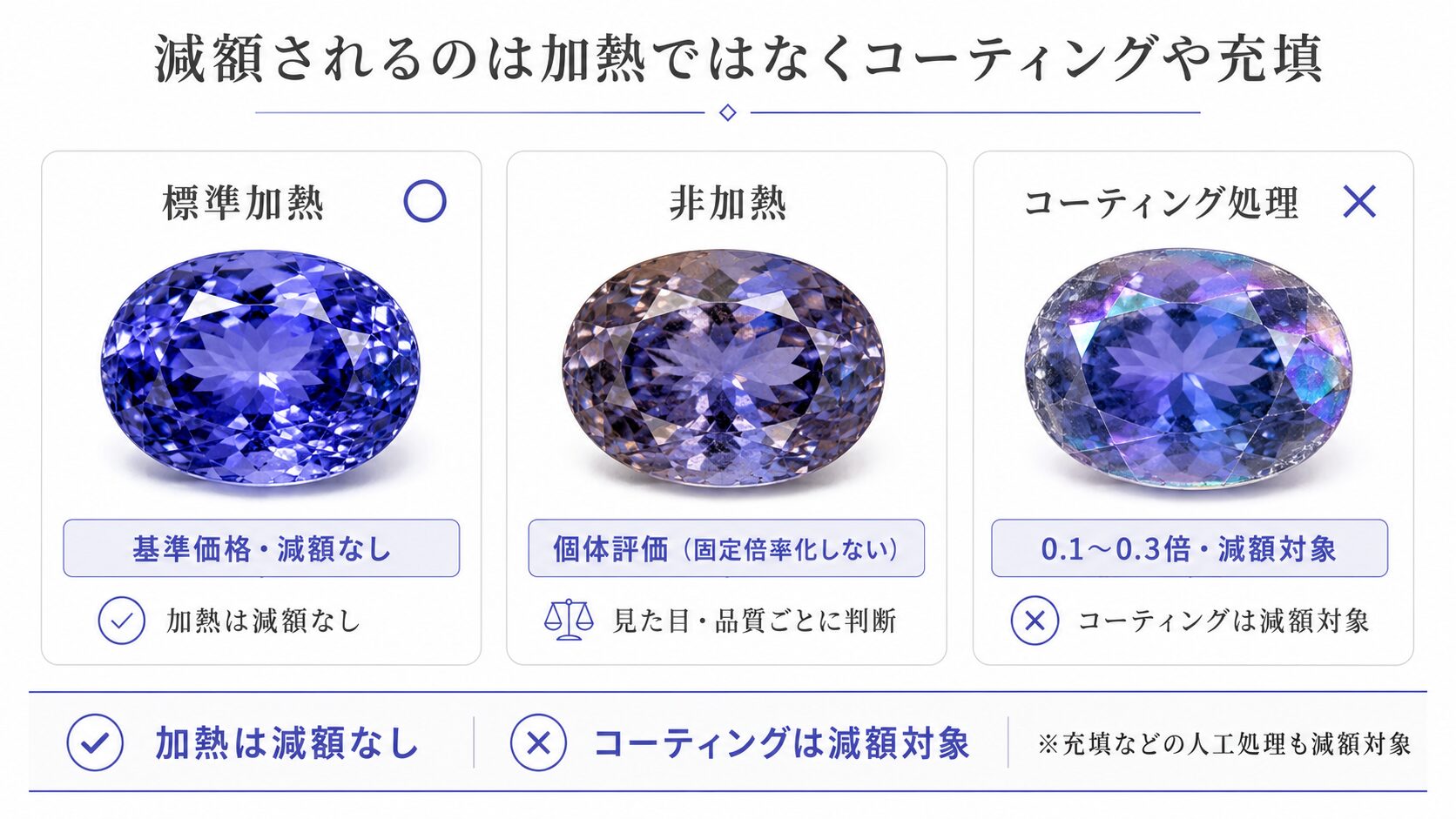 標準加熱・非加熱・コーティング処理のタンザナイトを評価倍率で比較した画像。加熱は減額対象でないことを示す。