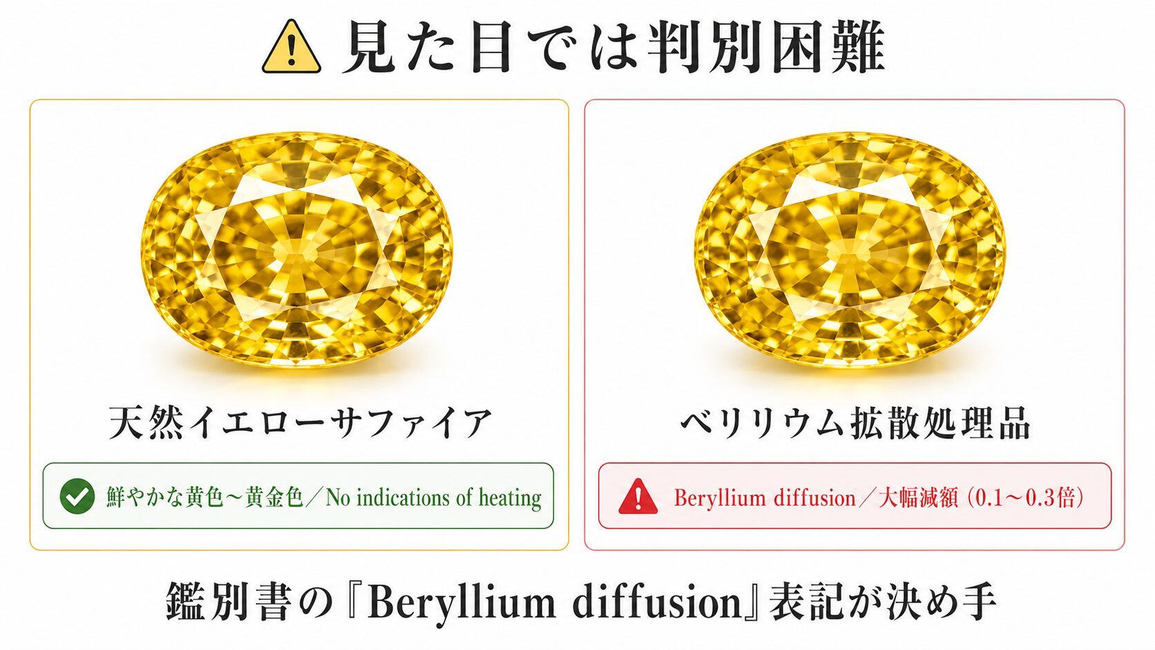 イエロー・オレンジ系サファイアのベリリウム拡散処理品と天然品の見た目の類似性と、鑑別書による判別の必要性を示す警告画像。