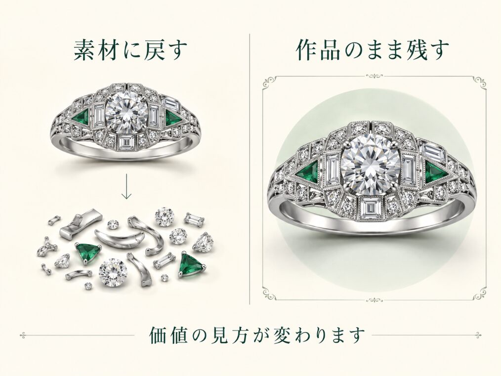 古いジュエリーを素材に戻す扱い方と、作品のまま残す扱い方を対比したイメージ画像です