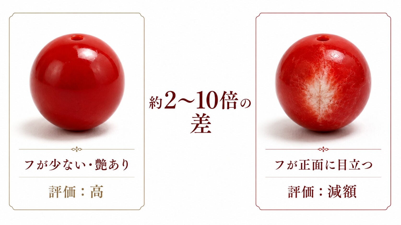 フが少なく艶のある血赤珊瑚と、正面にフが目立つ血赤珊瑚を並べ、約2〜10倍の評価差が出ることを示す比較画像。