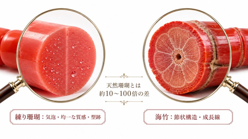 珊瑚の本物と模造の見分け方｜天然・染色・練り・海竹で評価が3〜100倍