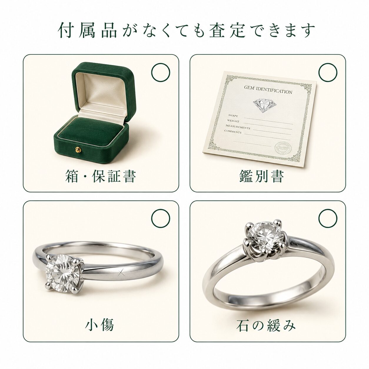 箱・保証書・鑑別書がなくても、小傷や石の緩みがあっても査定できることを示す画像です