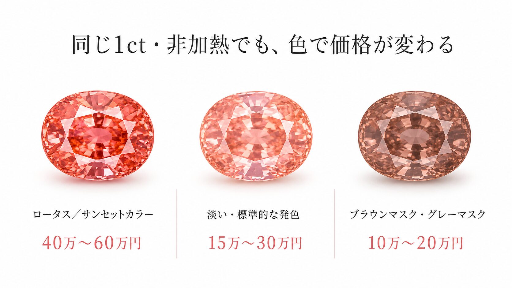 同じ1ctのパパラチアサファイアで、色バランスによって買取価格が変わることを示す比較画像。高評価カラーとマスクありの価格差を提示。