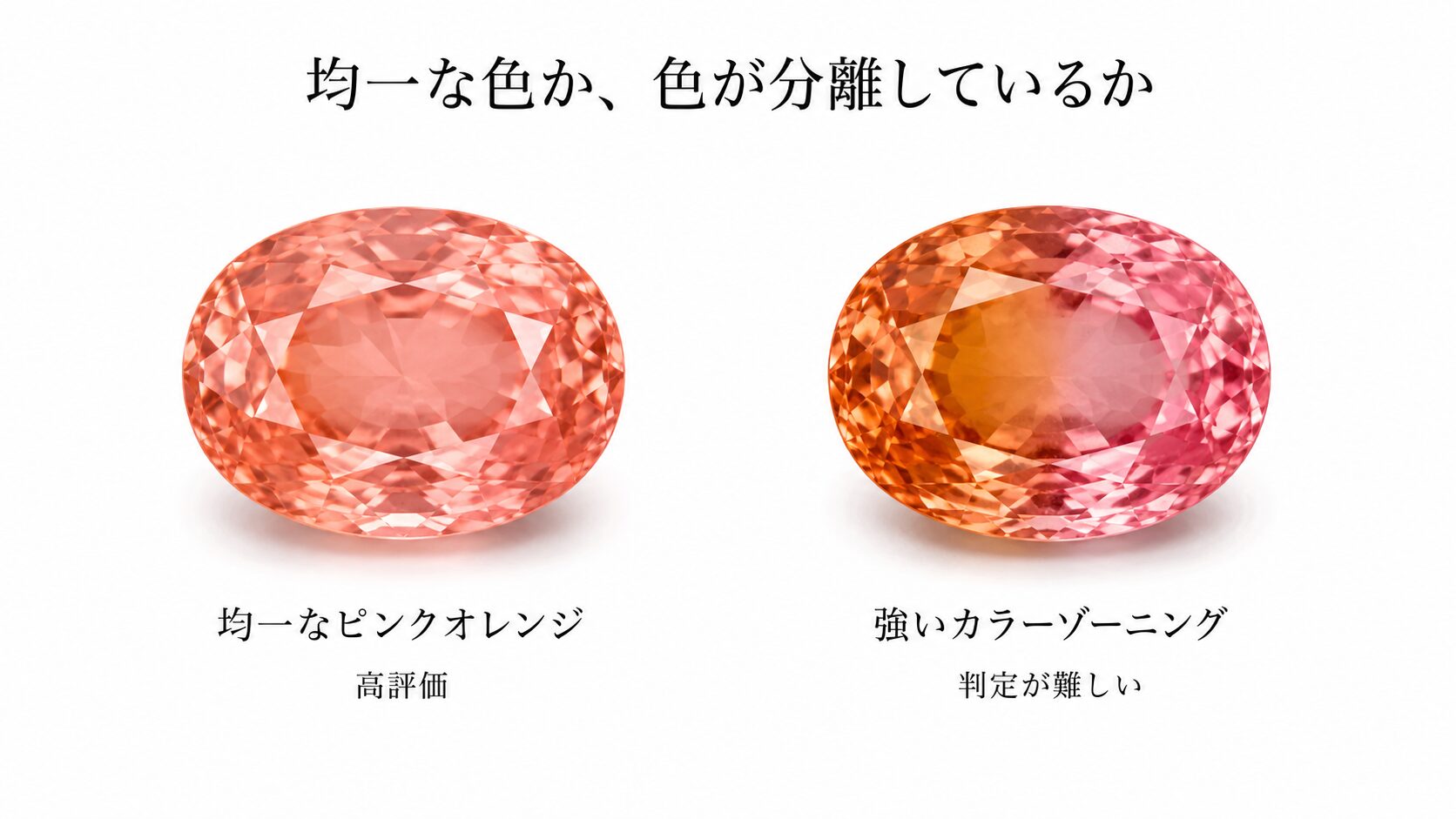 均一なピンクオレンジと、一部だけオレンジに偏った強いカラーゾーニングのパパラチアサファイアを比較した画像。