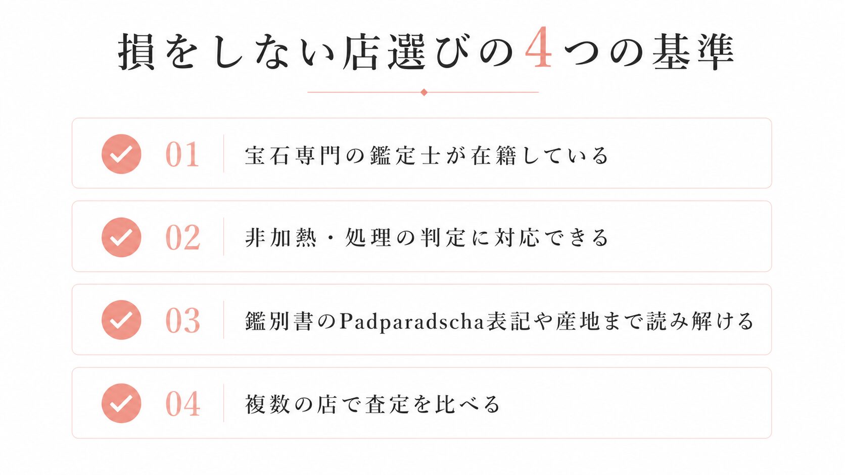パパラチアサファイアで損をしないための店選びの基準（鑑定士の在籍・処理判定・鑑別書の読み解き・複数査定）を整理した画像。