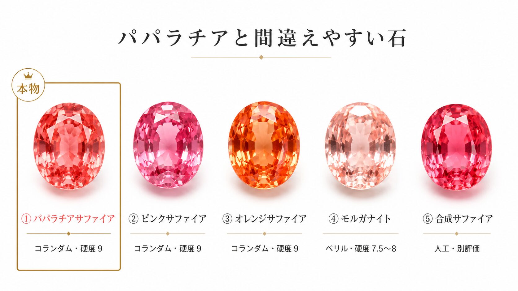 パパラチアサファイアとピンクサファイア・オレンジサファイア・モルガナイト・合成サファイアを鉱物・硬度で比較した判別マトリクス。