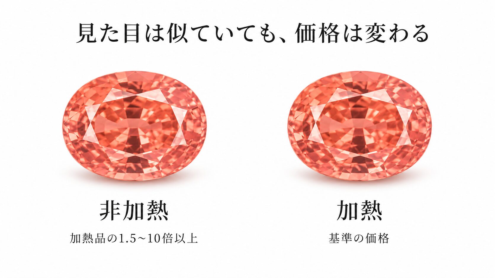 見た目が似ている非加熱と加熱のパパラチアサファイアを並べ、価格差が大きいことを示す比較画像。