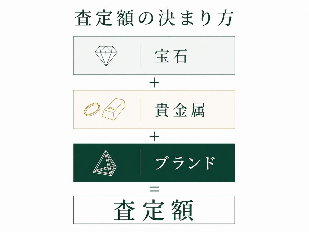 シハラの査定額が宝石・貴金属・ブランドの3層で決まることを示す構造図