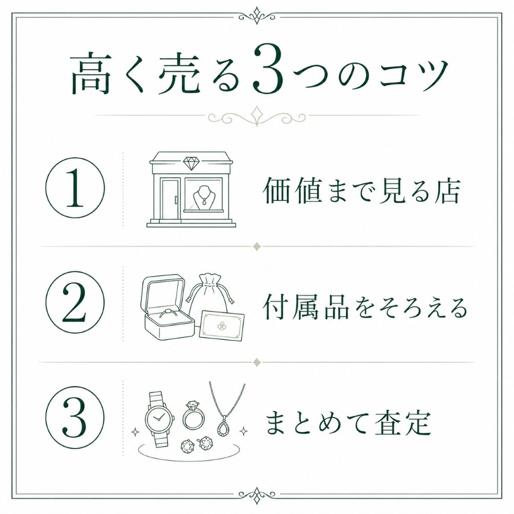 シハラを高く売るための3つのコツを示す図