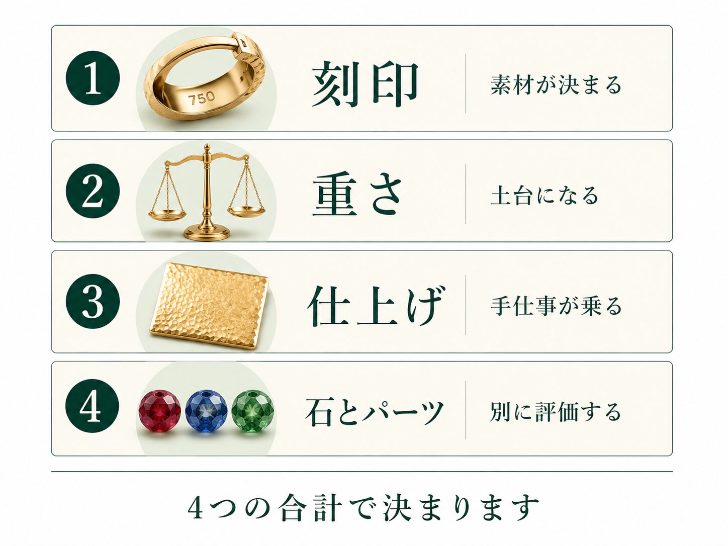査定額が刻印・重さ・仕上げ・石とパーツの4つの合計で決まることを示すカード図です。