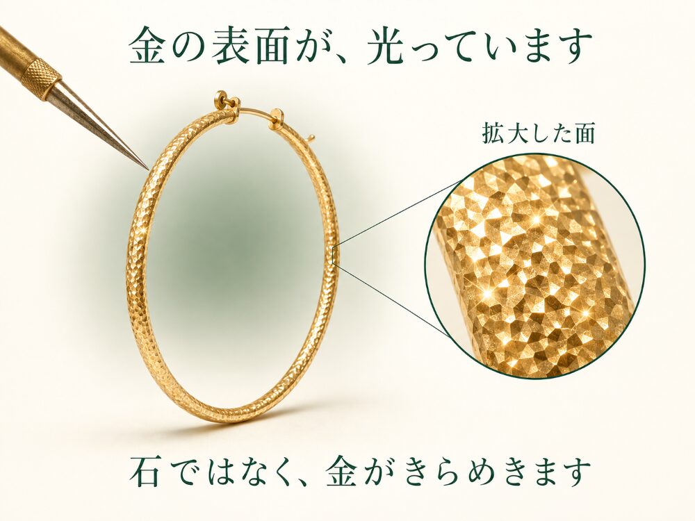 18金の表面に、先端にダイヤモンドのついた工具で無数の細かい面をつけていく様子を拡大したイメージ画像です。
