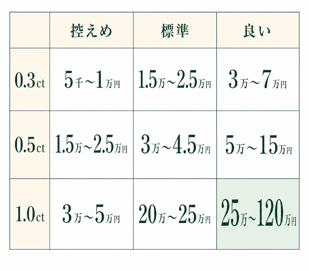 ダイヤモンドの買取価格目安を0.3ct・0.5ct・1.0ctと品質3段階の組み合わせで示した価格表の画像。