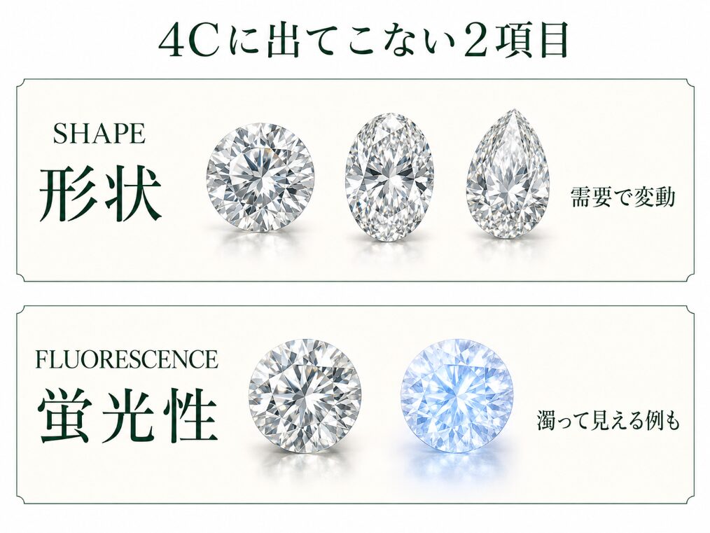 ダイヤモンドの形状（シェイプ）と蛍光性（フルオレッセンス）が評価に影響することを示す比較図。